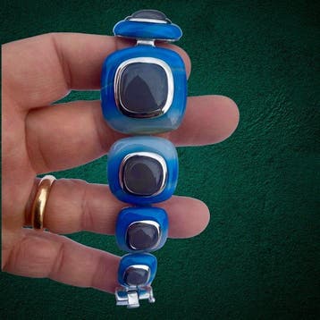 Blauwe Agaat en Grijze Agaat - 925 Zilveren armband -