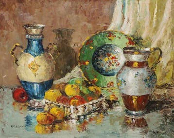 Enrique Koskaya (1901-1970) - Bodegón con cerámicas y frutas