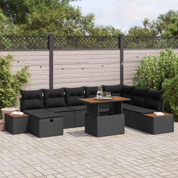 vidaXL Tuinbankenset 9 st Zwart poly rattan, Verzenden, Nieuw, Rotan, Meer dan 8 zitplaatsen
