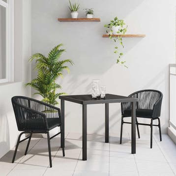 vidaXL Tuin eettafelset 3 pcs Zwart Gepoedercoat staal, Verzenden, Nieuw, Rotan, 3 zitplaatsen