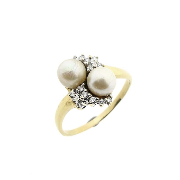 Gouden ring met parel en diamant 0,28 ct., Sieraden, Tassen en Uiterlijk, Ringen, Dame, Met edelsteen, Goud, 20 of groter, Gebruikt