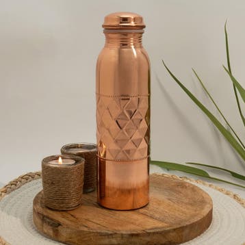 Puur Koperen Waterfles Dot Diamond Polished - 1 liter, Ophalen of Verzenden, Nieuw
