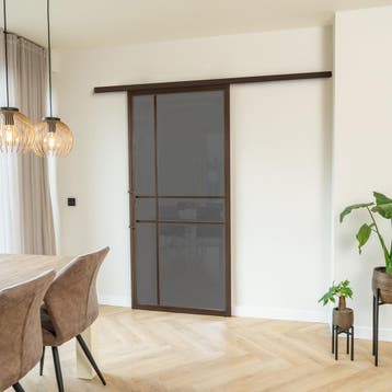 Stalen Schuifdeur met koofsysteem 6 Vlaks Brons Rook glas Lu, 75 tot 150 cm, Nieuw, 150 tot 225 cm, Metaal