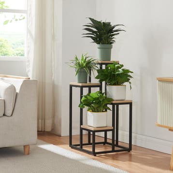 [en.casa] Plantenstandaard Ameland 67x34x34 cm zwart en hout, Verzenden, Nieuw