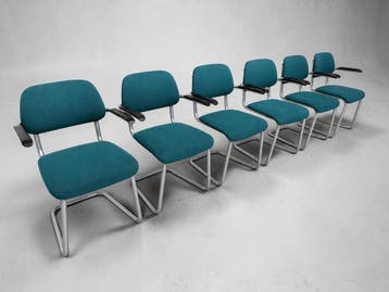 (120) 6x Artifort Lande Jami stoelen buisframe petrolblauw, Ophalen, Blauw, Zo goed als nieuw, Stof