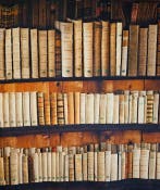 300x280 cm! Stof met antieke realistische boekenkast! Retró