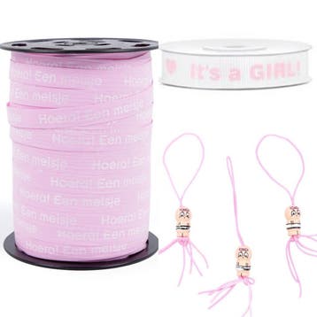 22-delige set Hoera een meisje met lint en gelukspoppetjes, Verzenden, Roze, Polyester, Minder dan 30 cm