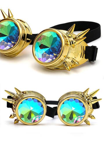 KIMU® Goggles Steampunk Bril Spikes Goud Montuur Caleidoscoo, Ophalen of Verzenden, Nieuw, Feestartikel, Carnaval