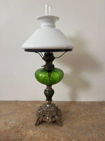 Olielamp - Verzilverd messing, Opaline glas - duplex