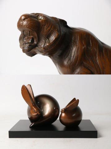 Gepatineerd brons - Japanse dierenriem okimono-set: Tijger