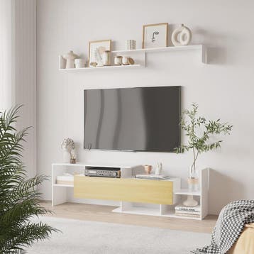 Moderne TV Meubel met Wandrek - 153.6 cm Breed - Wit met Hou, Verzenden, Nieuw