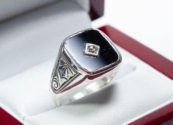 - 800 zilver - onyx - 0.05 ct diamant - zegelring - Ring, Antiek en Kunst