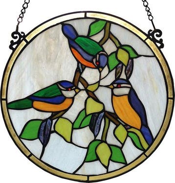 Glaspaneel glas in lood Tiffany style Ø 30 cm Vogels -