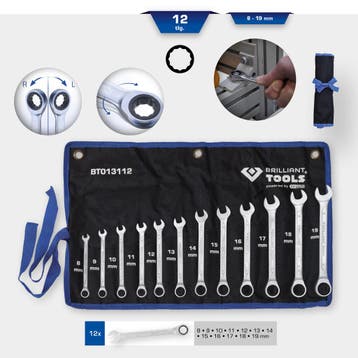 Brilliant Tools Ringratel-Steeksleutelset 8-19mm 12-delig, Verzenden, Nieuw