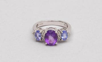 14k witgouden ring bezet met amethist en tanzaniet., Gebruikt