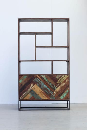 Boekenkast Visgraat kast Uniek Kleurrijk Gerecycled Hout, Nieuw, Overige materialen, 25 tot 50 cm, 50 tot 100 cm