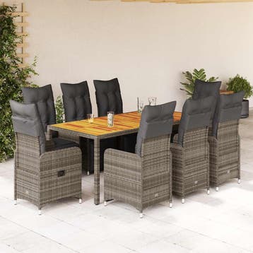 vidaXL 9-delige Bistroset met kussens poly rattan grijs, Verzenden, Nieuw, 8 zitplaatsen