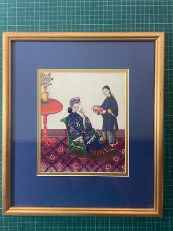 Adelvrouw en bediende - Papier - China - Qing Dynastie, Antiek en Kunst