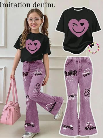 Zomerse Outfit Meisjes: Zwarte Top met Smiley Print & Paarse, Verzenden, Nieuw