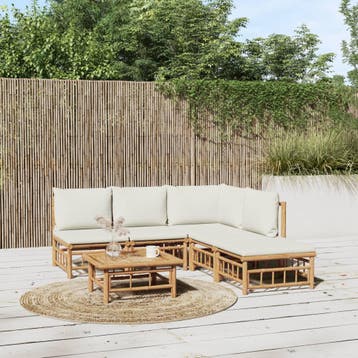 vidaXL 6-delige Loungeset met kussens bamboe crèmewit, Verzenden, Nieuw, Hout, Loungeset