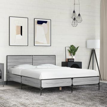 vidaXL Bedframe bewerkt hout metaal grijs sonoma eiken, Verzenden, 140 cm, 200 cm, Metaal