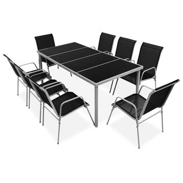 vidaXL 9-delige Tuinset staal zwart, Verzenden, Nieuw, 8 zitplaatsen, Rvs