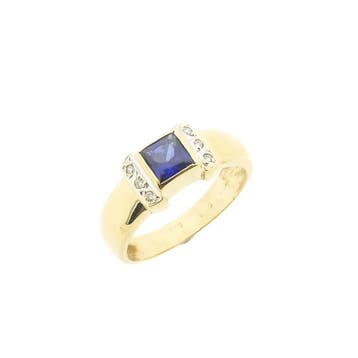 Gouden ring met saffier en diamanten, Gebruikt, Ophalen of Verzenden, 17 tot 18, Met edelsteen