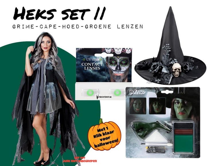 Heks Set 2 Met Cape, Hoed, Lenzen En Schminck, Hobby en Vrije tijd, Feestartikelen, Overige typen, Nieuw, Verzenden