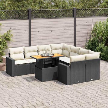 vidaXL 9-delige Loungeset met kussens poly rattan zwart, Tuin en Terras, Verzenden, Nieuw, Loungeset