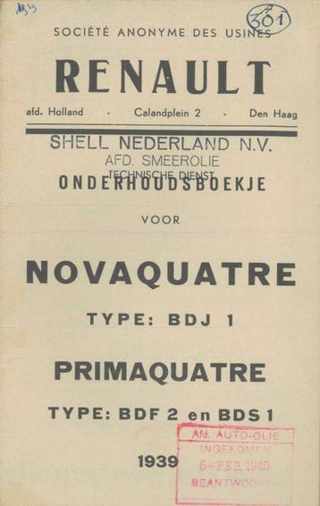 1939 Renault Novaquatre & Primaquatre Instructieboekje, Verzenden