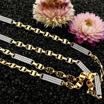 Bicolor gouden Marine/Fantasieschakel ketting met zirconia, Sieraden, Tassen en Uiterlijk, Kettingen, Gebruikt, Ophalen of Verzenden