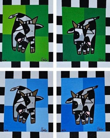 Jacqueline Schäfer (1961) - Cows (lot van 4 zeefdrukken), Antiek en Kunst