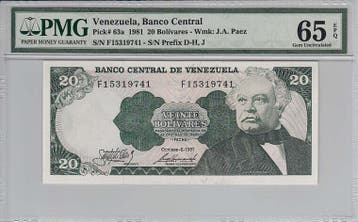 1981 Venezuela 20 Bolivares Pick 63a Pmg Gem Unc 65 Epq, Verzenden