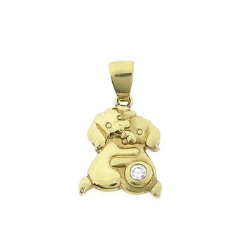 Gouden hanger van twee honden met zirconia (Hanger of bedel), Ophalen of Verzenden, Gebruikt, Goud, Overige merken