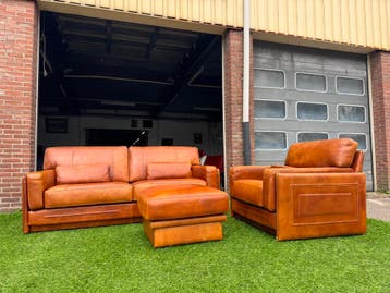 Bankstel Arcon  bruin buffel leer bank met fauteuil+hocker, Design, Driepersoons, Rechte bank, Leer