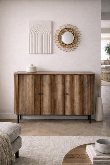 Nieuw dressoir Retro Remi Avila mangohout ribbel ACTIEPRIJS, Huis en Inrichting, Overige houtsoorten, Industrieel retro , 150 tot 200 cm