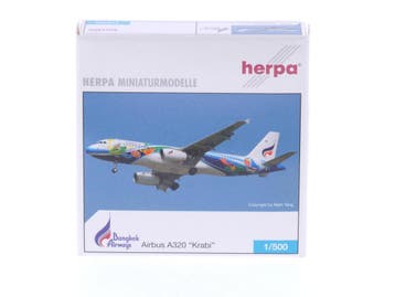 Schaal 1:500 Herpa 509121 Bangkok Airways Airbus A320 Kr..., Ophalen of Verzenden, Zo goed als nieuw