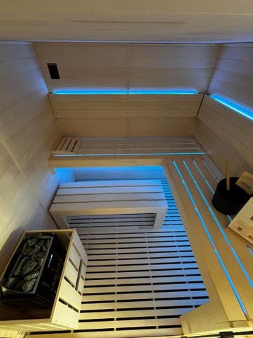 Finse sauna Blue Lagoon | 4-6p | Aspen | 206x205x204, Ophalen of Verzenden, Nieuw, Fins of Traditioneel, Complete sauna