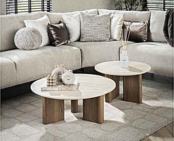 Salontafel travertin keramiek set van 2 rond - Japandi -, Huis en Inrichting, Tafels | Salontafels, Ophalen of Verzenden, Nieuw