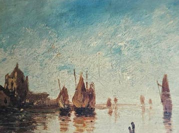 Franse school (XIX) - Paysage demer avec voiliers au port, Antiek en Kunst