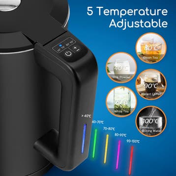 Waterkoker met temperatuurregeling - RVS - 1.7L - 2200W - Zw, Verzenden, Zo goed als nieuw