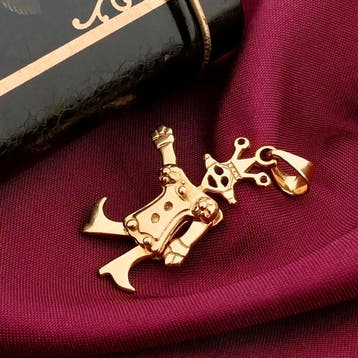 Gouden hanger van een dansende hofnar (Hanger of bedel), Ophalen of Verzenden, Gebruikt, Goud, Overige merken
