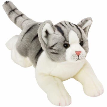 Pluche kat knuffel - grijs - liggend - 33 cm - poes, Verzenden, Nieuw