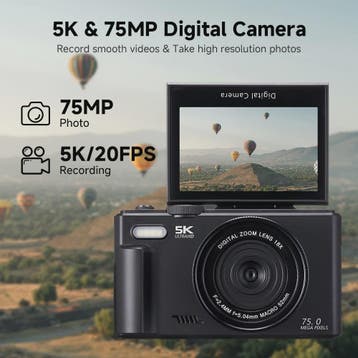 5K Digitale Camera met 75MP, 18x Zoom & 180° Flip Screen - P, Verzenden, Nieuw