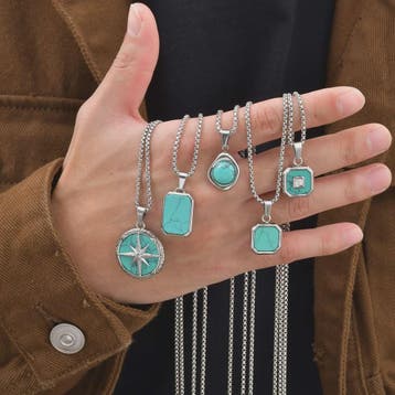 Vnox Heren Turquoise Hanger Ketting - RVS Boxketting, Vintag, Verzenden, Nieuw