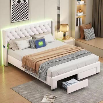 Beige Velvet Boxspringbed met Opberglades en Verlichting, Verzenden, Nieuw