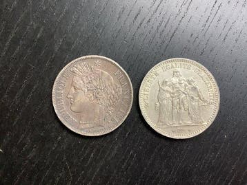Frankrijk. 5 Francs 1849-A en 1874-A (2 zilveren munten), Postzegels en Munten