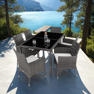 Wicker zitgroep Porto 6+1 met beschermhoes - grijs/wit, Tuin en Terras, Verzenden, Nieuw