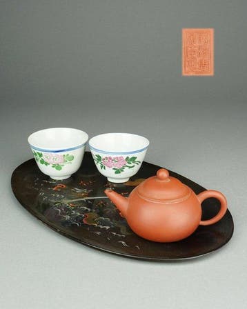 Gong Fu Tea Set - Porselein, Lak, Hout - China - Republieke, Antiek en Kunst