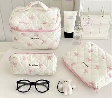 Katoenen toilettas met strik gewatteerde make-up organizer, Verzenden, Nieuw